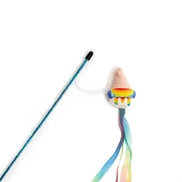 Colorful ribbon cat wand toy with bell and fabric teaser attachment