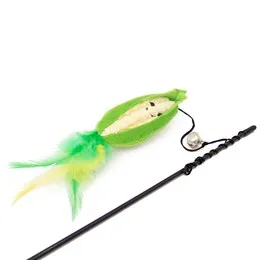 Green plush and feather kitten teaser toy with black wand
