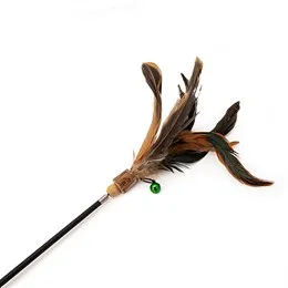 Black feather cat dangler wand toy with a small green bell