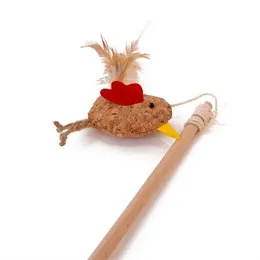 Wooden cat wand toy with a plush mouse and feather attachment
