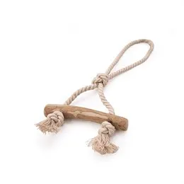 Rope tug toy with a chew bar and knotted ends