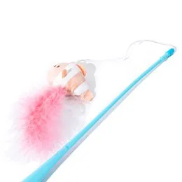 Blue cat teaser wand with pink feathers and a plush attachment