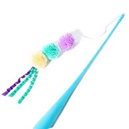 Blue cat dangler wand with colorful pom-poms and ribbon tails
