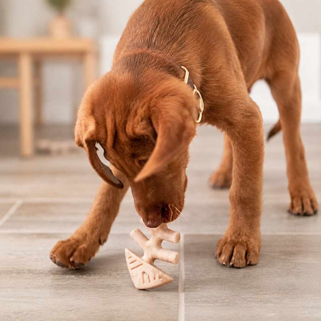 Brown puppy playing with a white bone-shaped puzzle chew toy