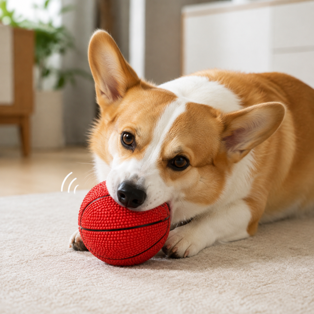 Corgi chewing a red squeaky ball dog toy indoors