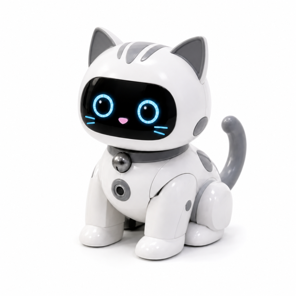 White smart robotic cat toy housing with LED face and camera sensor
