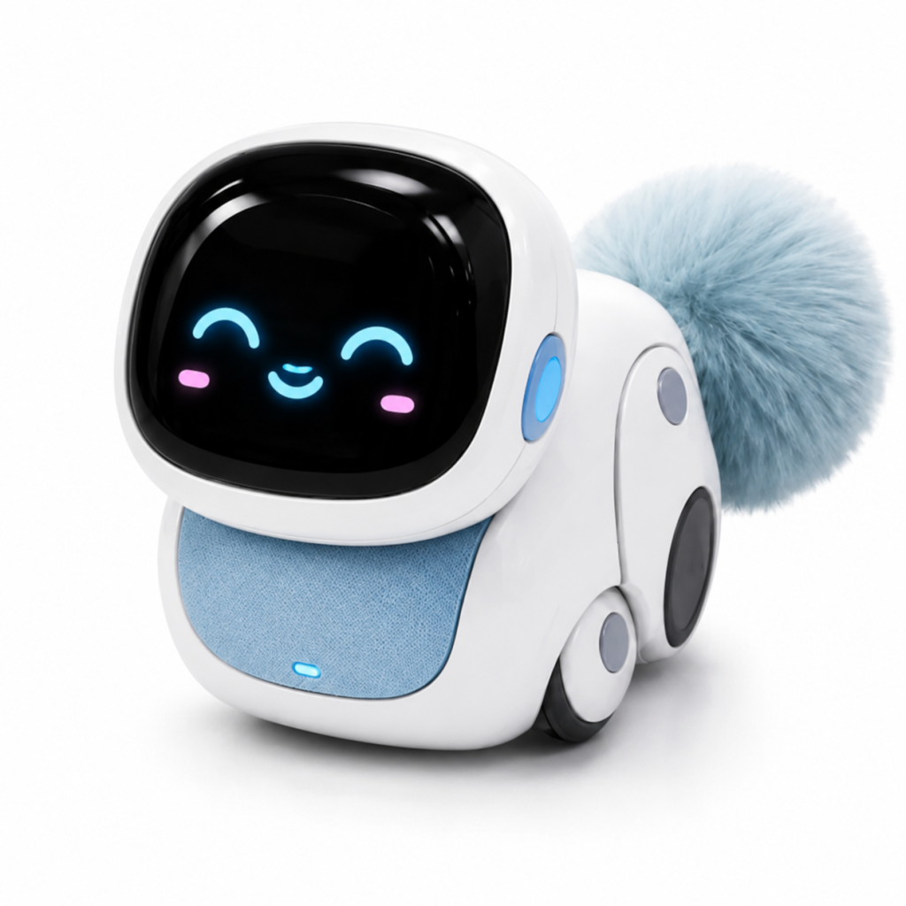 App-controlled robotic pet teaser base with LED face and plush tail