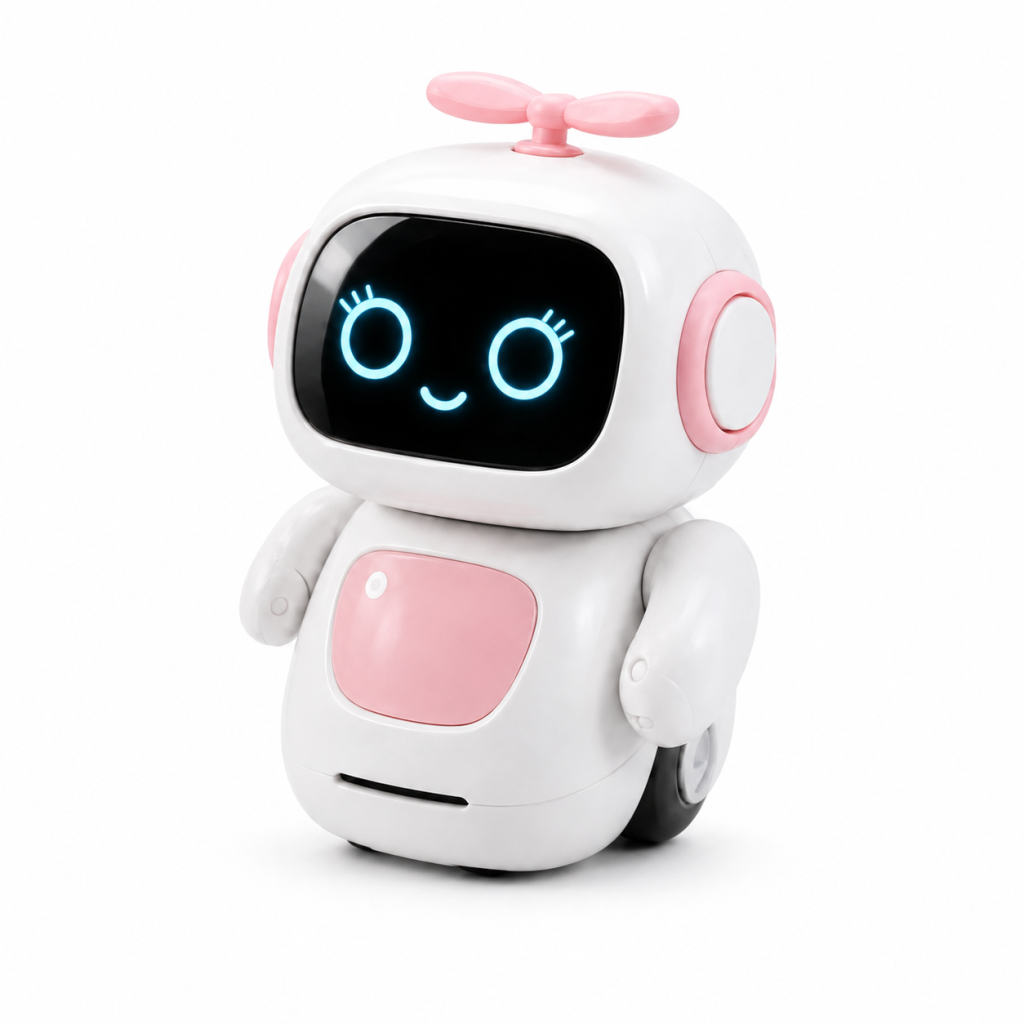 Smart pet robot toy with a digital display and pink propeller