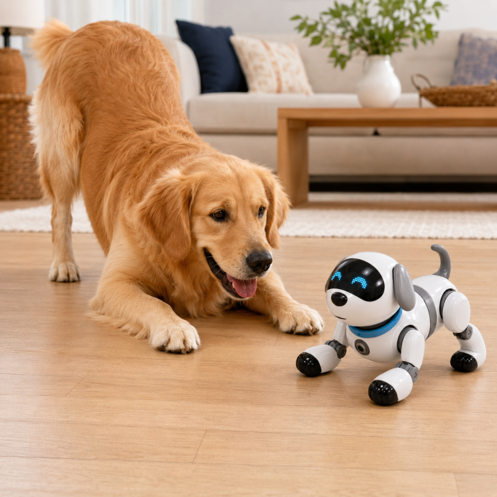 Golden retriever interacting with an AI-powered smart pet toys