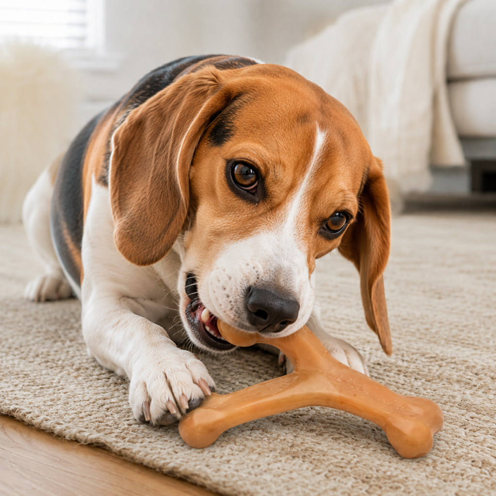 Beagle chewing an orange textured dog chew toy indoors