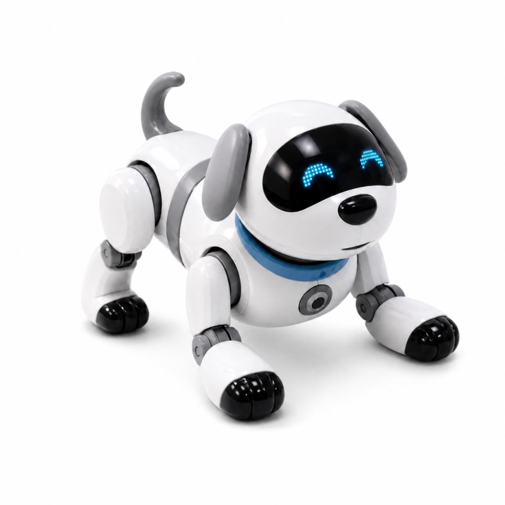 Interactive robotic dog toy shell with LED display and articulated legs
