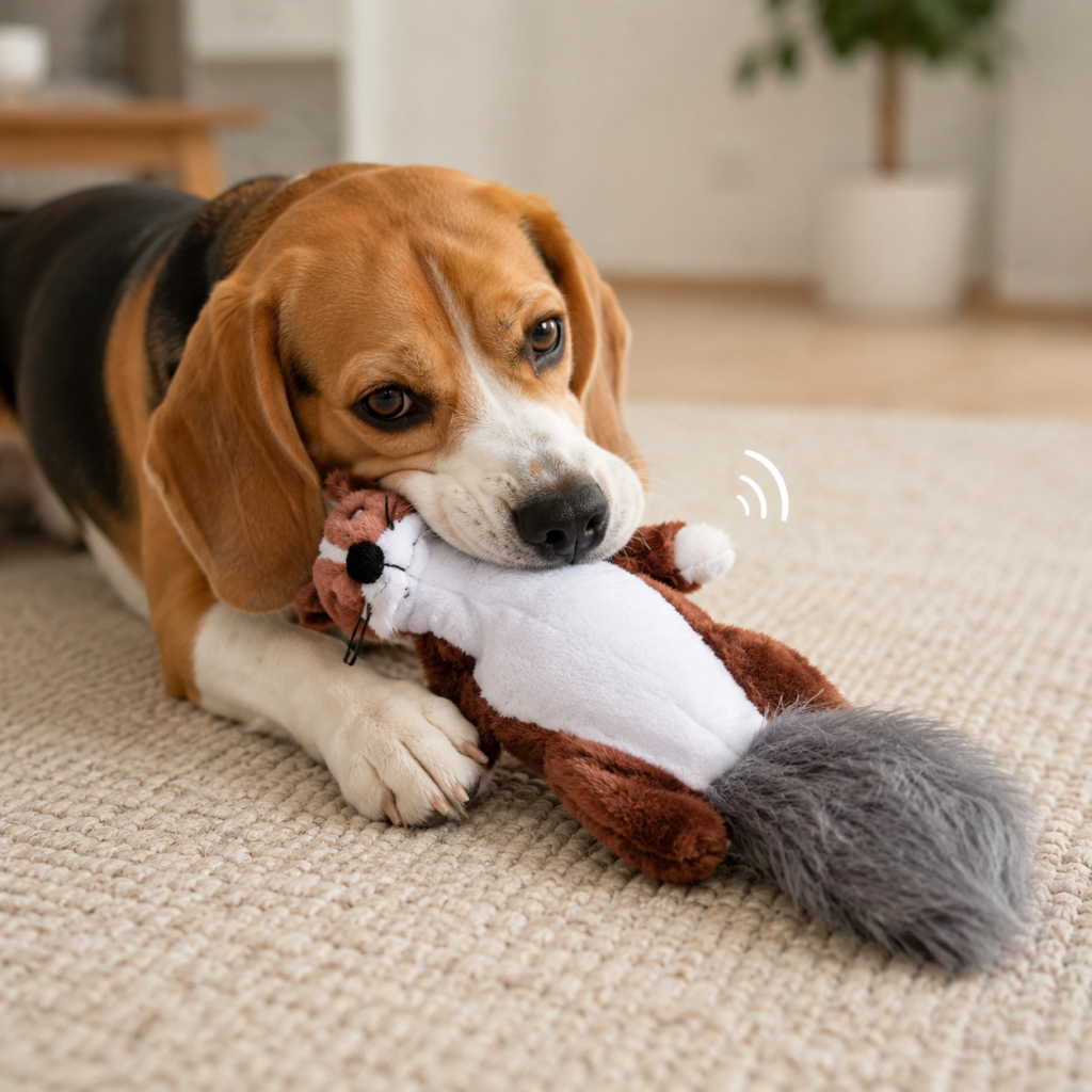 Beagle playing with a plush squeaky dog toy indoors