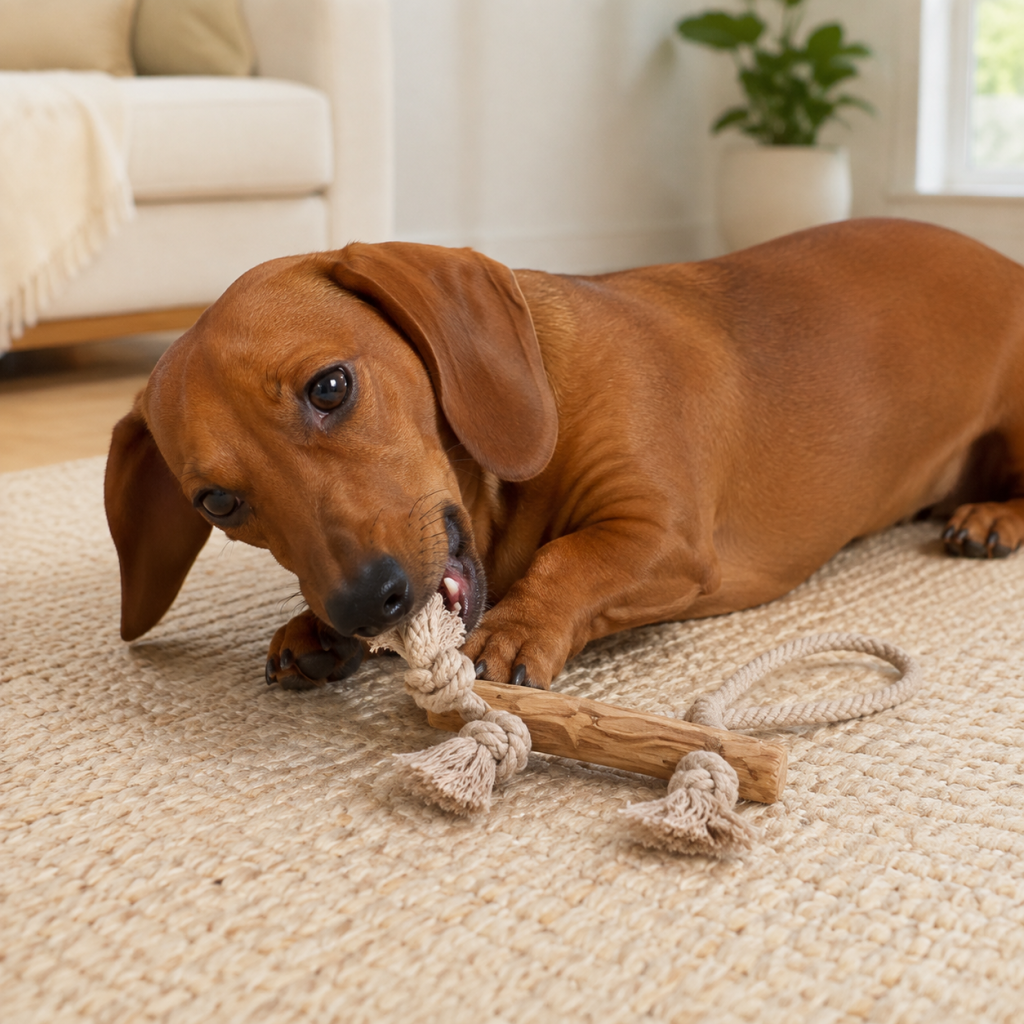 Dachshund chewing a knotted rope dog toy on a carpet