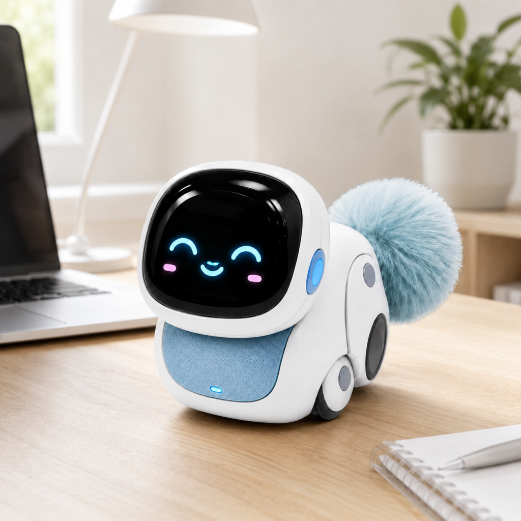White interactive robotic pet toy with a digital face and blue plush tail