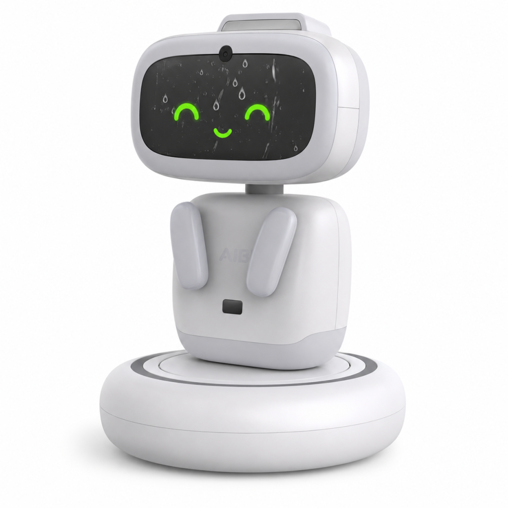 White AI-powered robotic pet companion with camera and interactive display