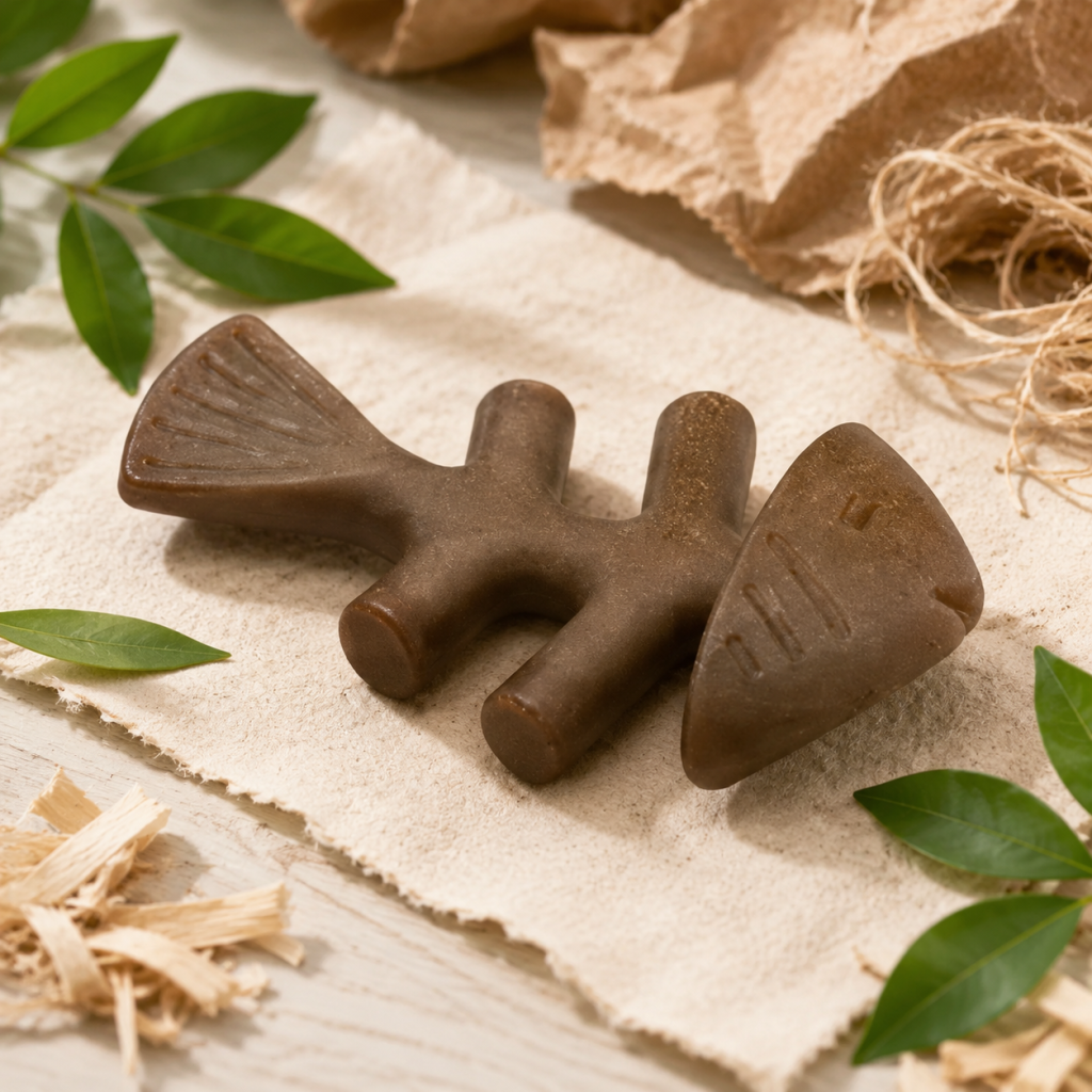Brown multi-textured dog chew toy displayed with natural materials and leaves